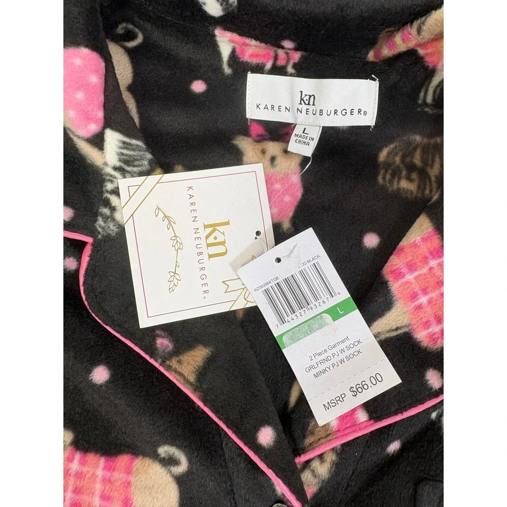 NEW Karen Neuburger Black & Pink Puppy Dog Long Sleeve Pajama Shirt Size Large
